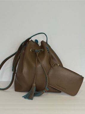 Steve Madden Bgemmaa Drawstring Bucket Bag Taupe/Brown Turquoise NWOT *Flaw*